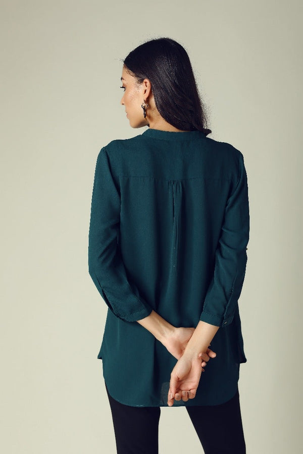 Gipsy GIPSY Womens Mandarin Collar Solid Tunic Green