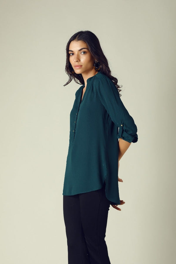 Gipsy GIPSY Womens Mandarin Collar Solid Tunic Green