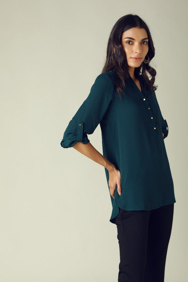 Gipsy GIPSY Womens Mandarin Collar Solid Tunic Green