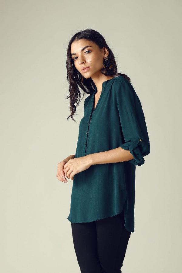 gipsy GIPSY Womens Mandarin Collar Solid Tunic Green