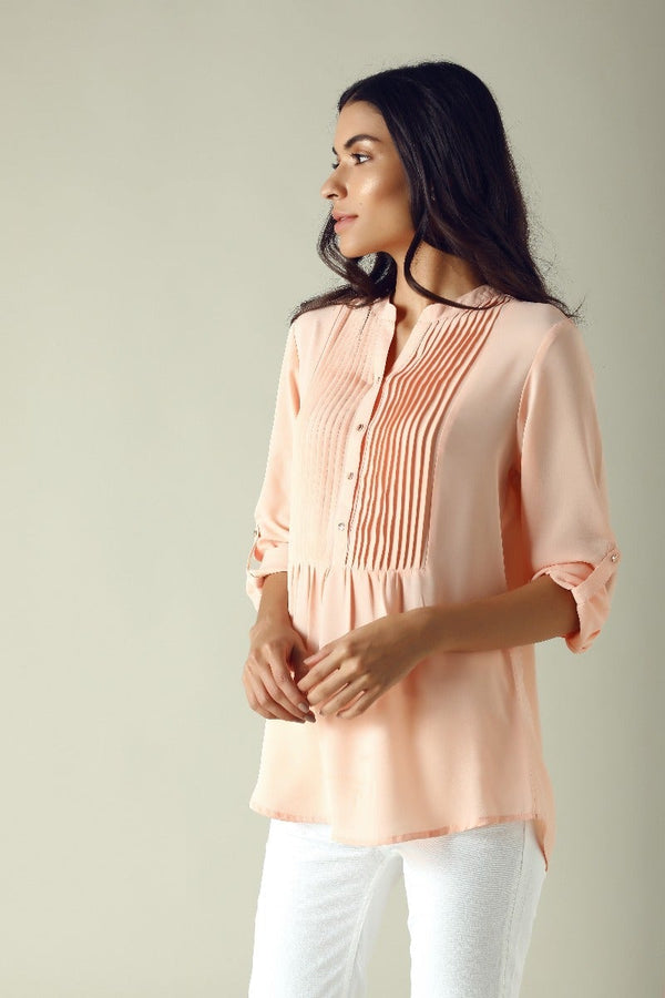 Gipsy GIPSY Womens Mandarin Collar Solid Tunic Pink