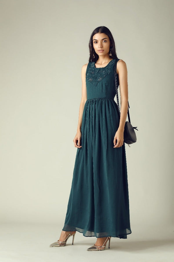 Gipsy GIPSY Womens Round Neck Embellished Maxi Dress Green
