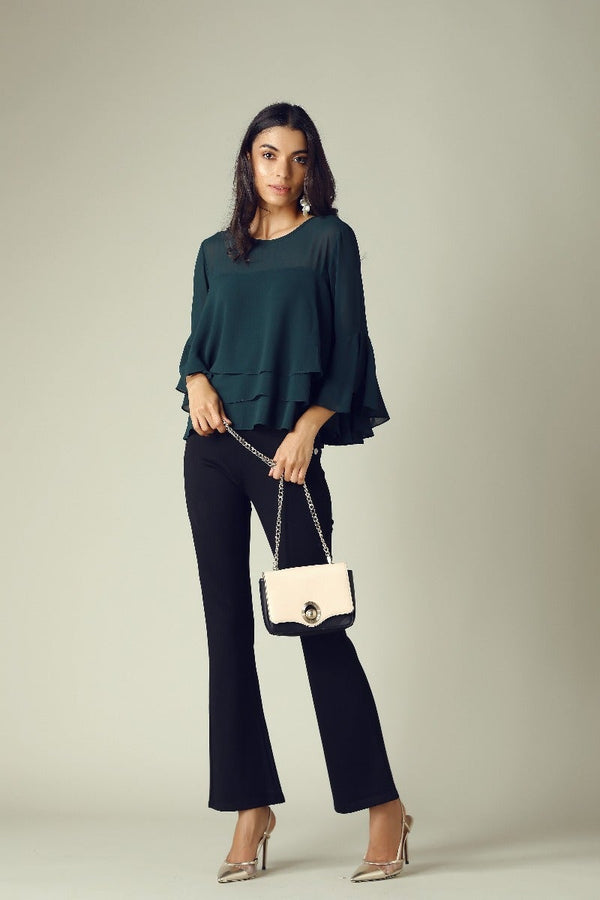 Gipsy GIPSY Womens Round Neck Sheer Yoke Solid Tiered Top Green