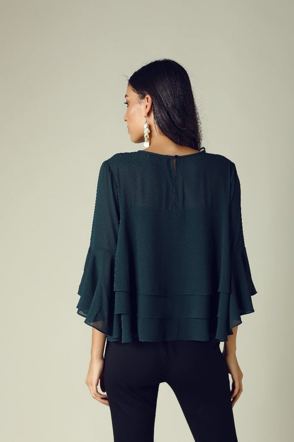 Gipsy GIPSY Womens Round Neck Sheer Yoke Solid Tiered Top Green