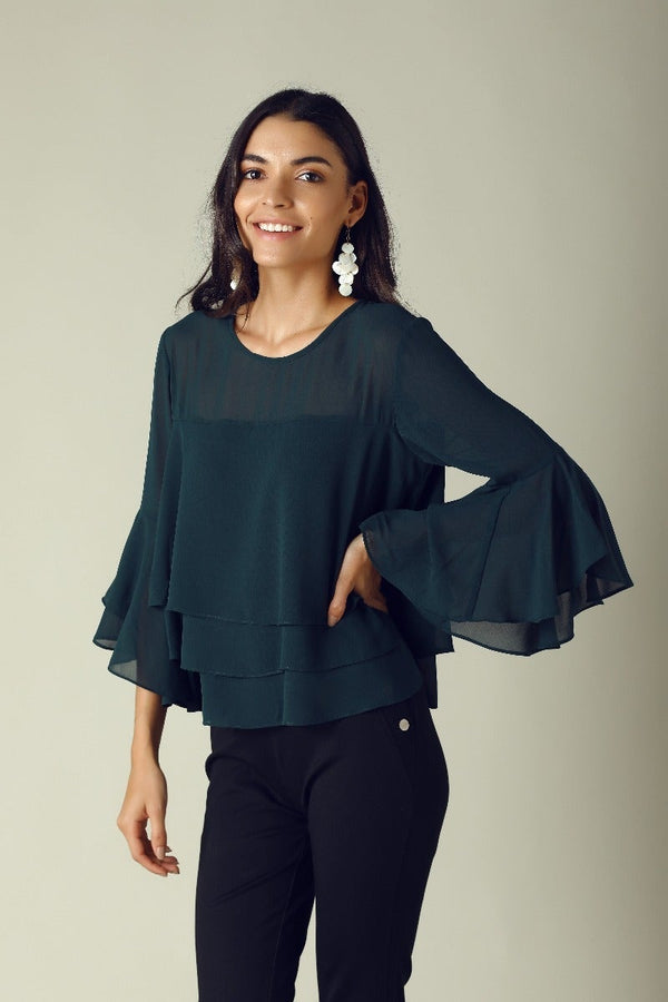 gipsy GIPSY Womens Round Neck Sheer Yoke Solid Tiered Top Green