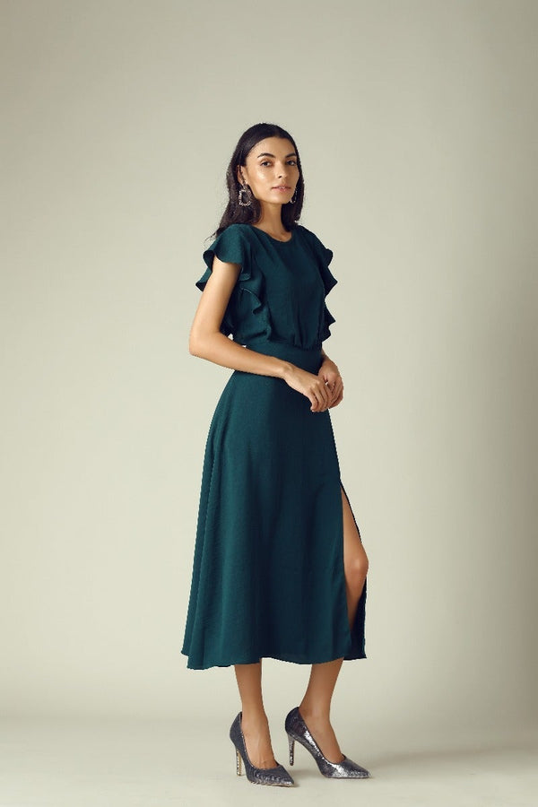 Gipsy GIPSY Womens Round Neck Slub Midi Dress Green