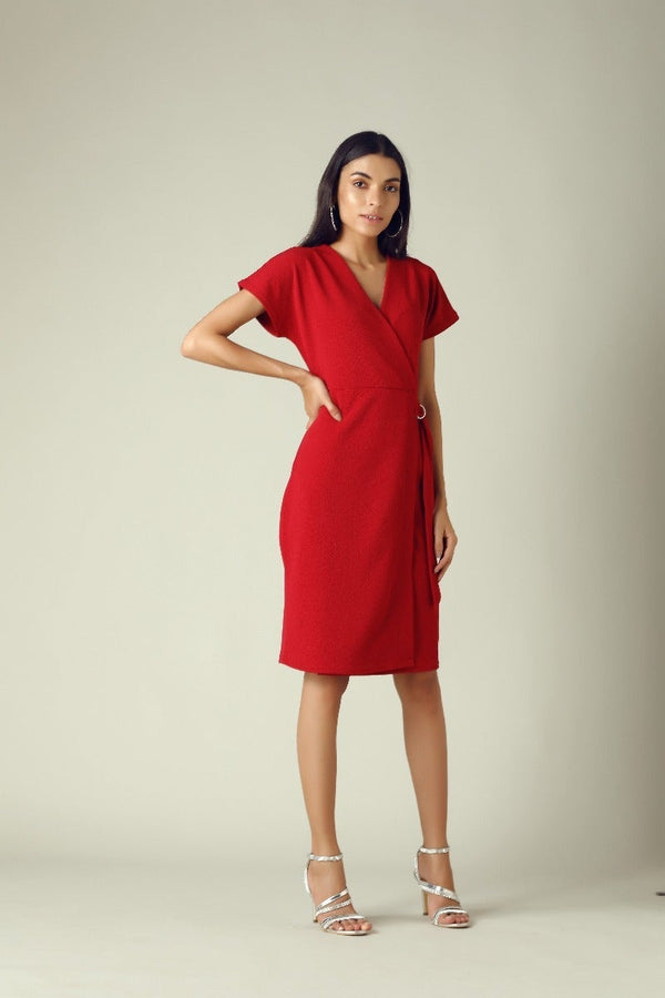 Gipsy GIPSY Womens Surplice Neck Solid Shift Dress Red