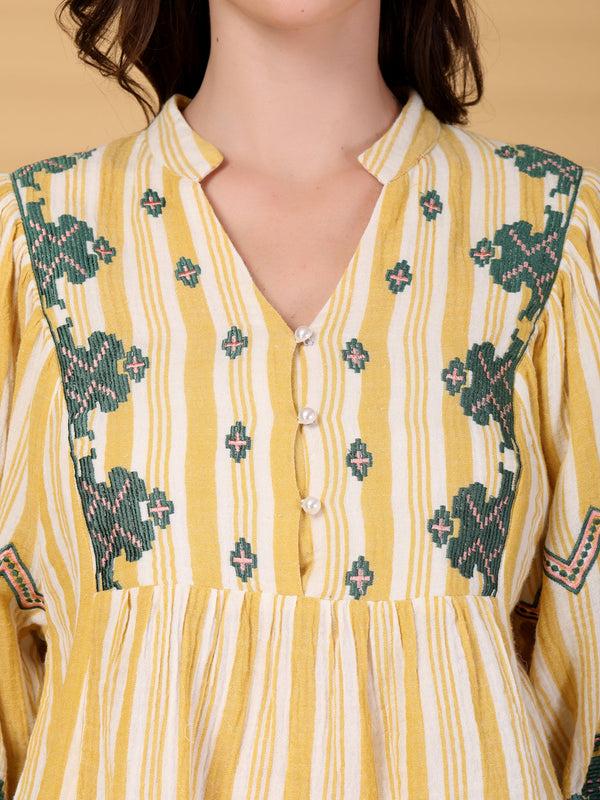 Gipsy Gipsy Yellow Embroidered Double Cloth Cotton Blouse