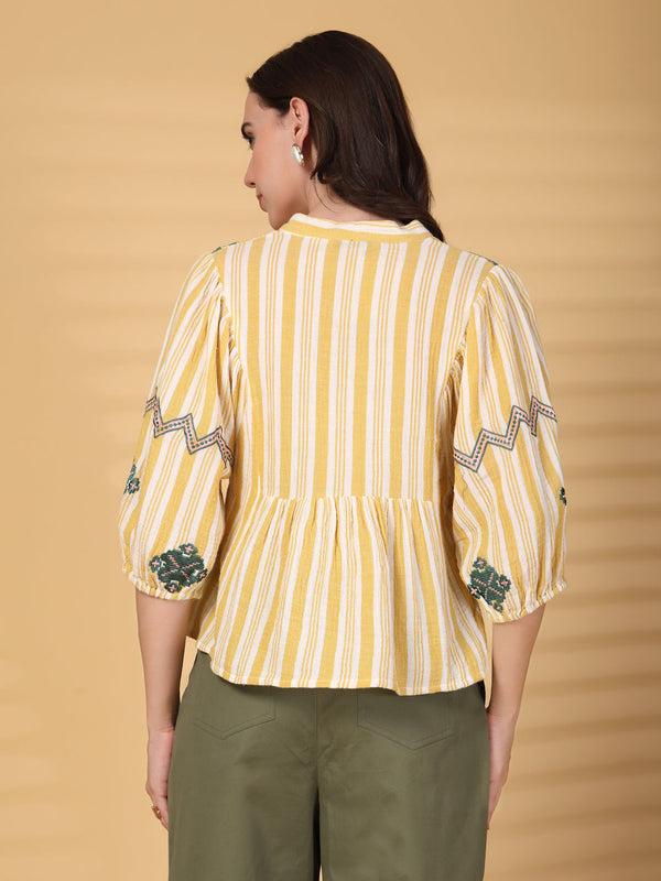 Gipsy Gipsy Yellow Embroidered Double Cloth Cotton Blouse