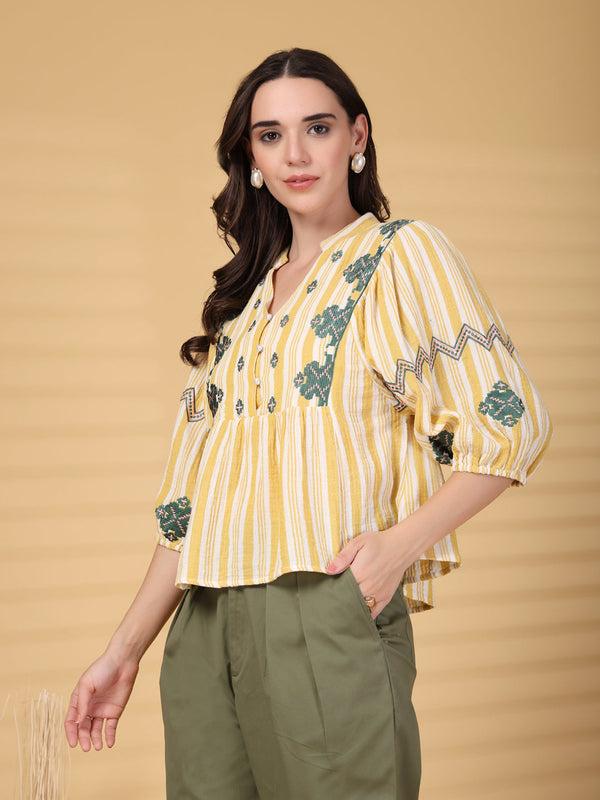 Gipsy Gipsy Yellow Embroidered Double Cloth Cotton Blouse