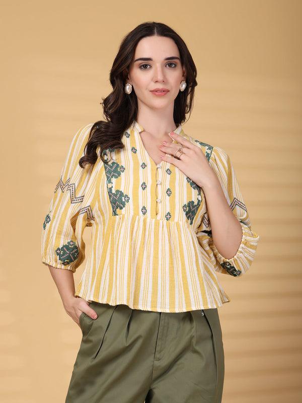 gipsy Gipsy Yellow Embroidered Double Cloth Cotton Blouse