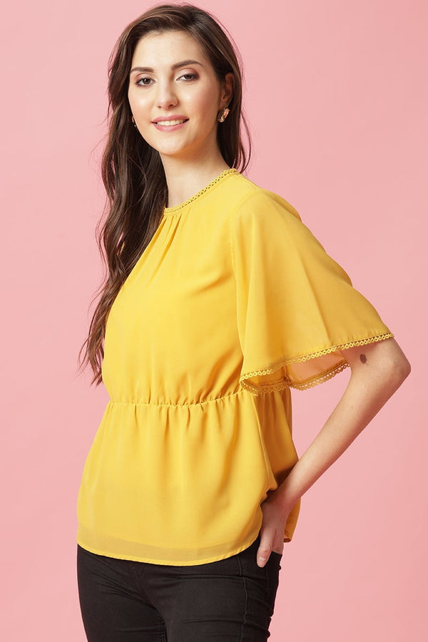 Gipsy Gipsy Yellow Medium Length Round Neck Polyester Blouse Yellow