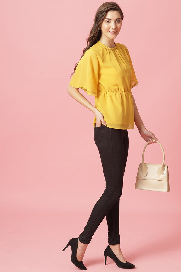 Gipsy Gipsy Yellow Medium Length Round Neck Polyester Blouse Yellow