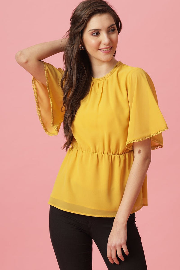 gipsy Gipsy Yellow Medium Length Round Neck Polyester Blouse Yellow