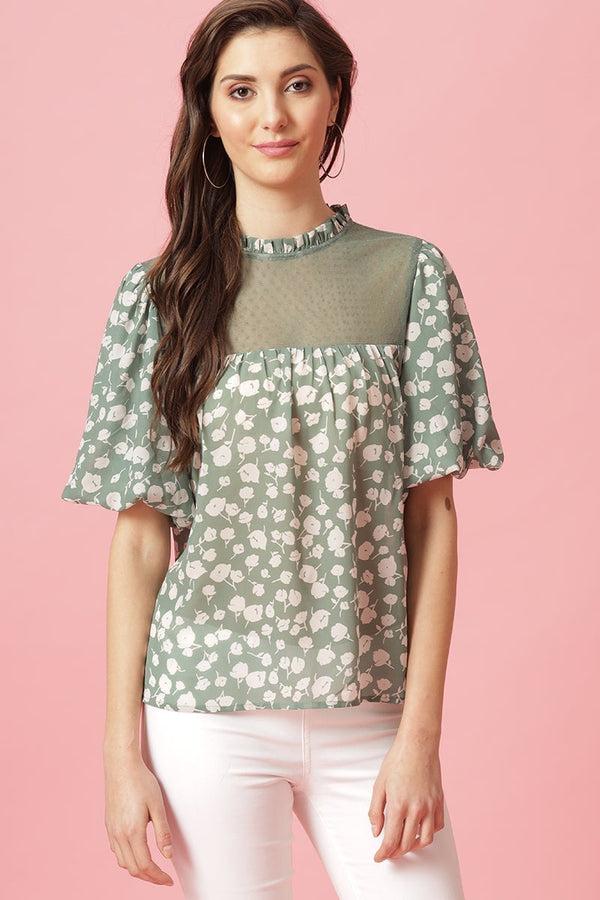 gipsy Green Medium Length Choker Neck Polyester Blouse Green