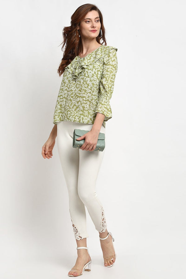 Gipsy Green Medium Length Tie- Up Rayon Crepe Blouse Green