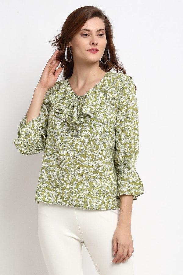 gipsy Green Medium Length Tie- Up Rayon Crepe Blouse Green