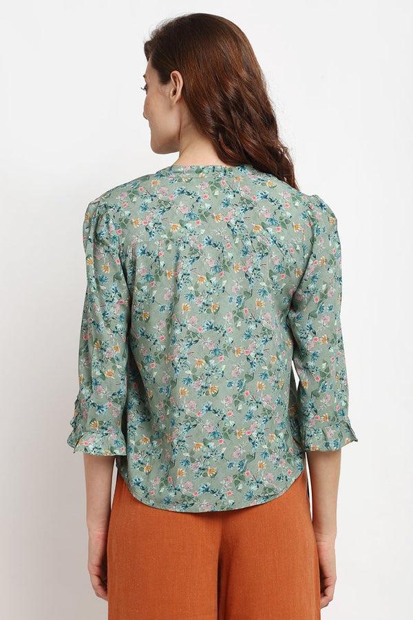 Gipsy Green Medium Length V-Neck Rayon Blouse Green