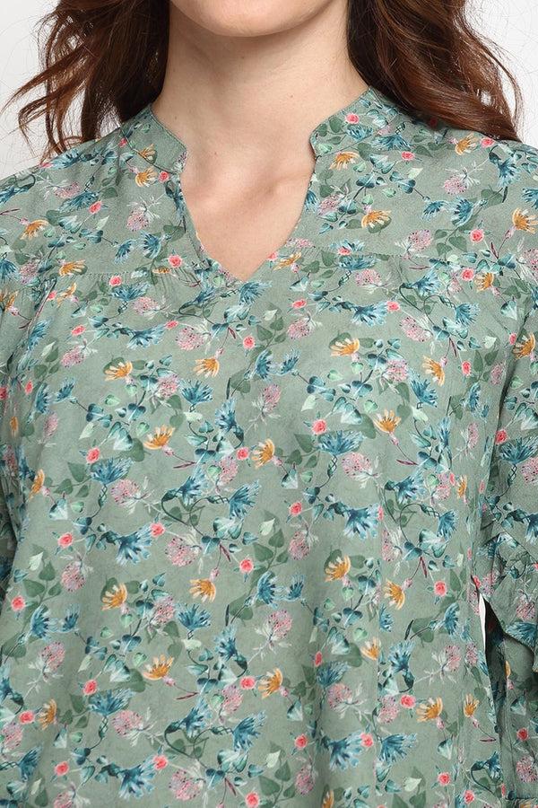 Gipsy Green Medium Length V-Neck Rayon Blouse Green