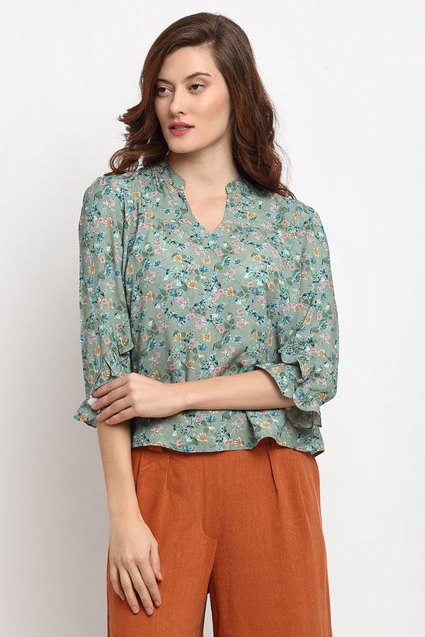gipsy Green Medium Length V-Neck Rayon Blouse Green