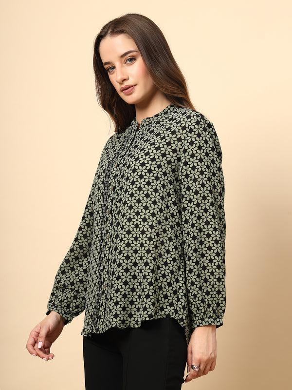 Gipsy Green Top With Front Pleating And Metal Button