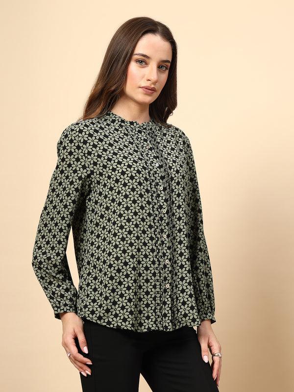 Gipsy Green Top With Front Pleating And Metal Button
