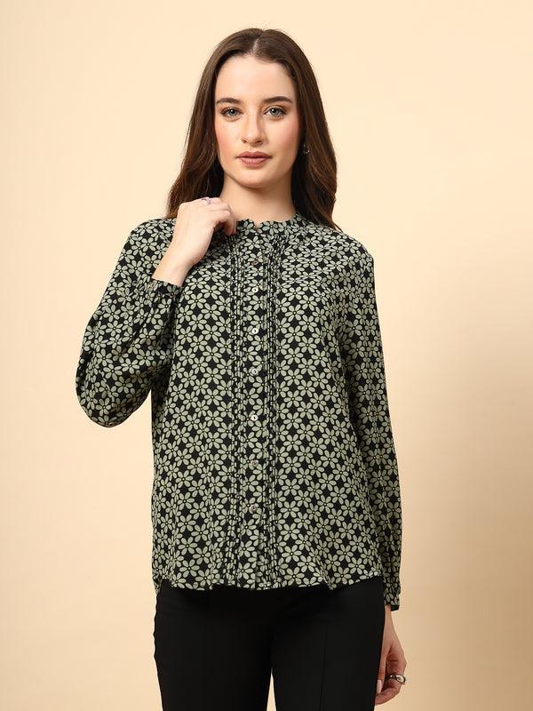 gipsy Green Top with Front Pleating and Metal Button