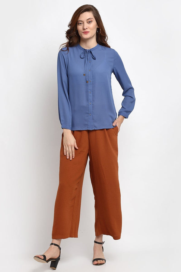 Gipsy Grey Blue Medium Length Tie-Up Neck Georgette Shirt Grey Blue