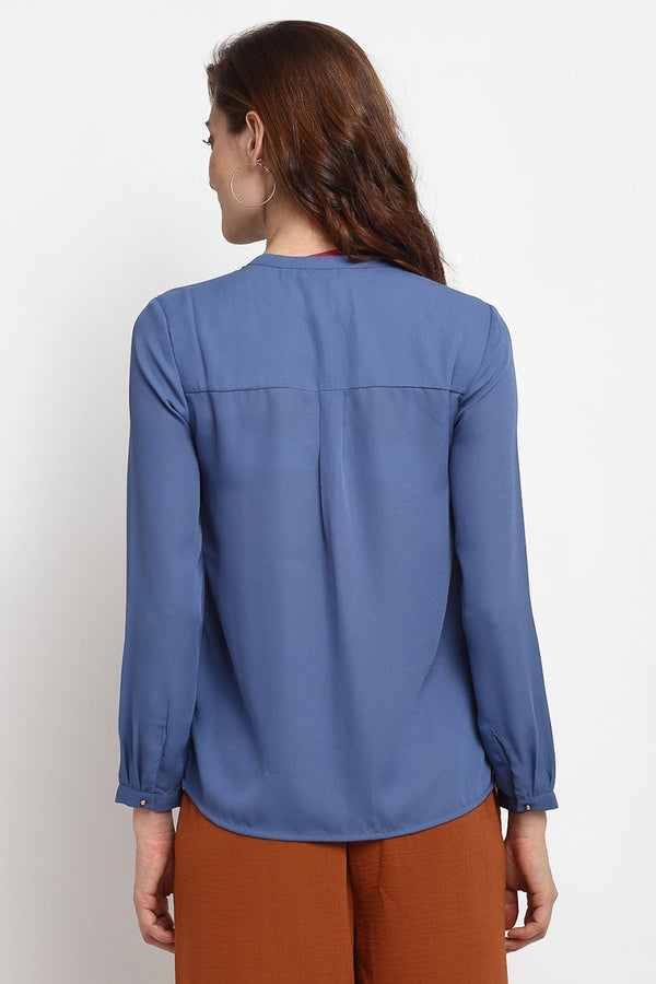 Gipsy Grey Blue Medium Length Tie-Up Neck Georgette Shirt Grey Blue