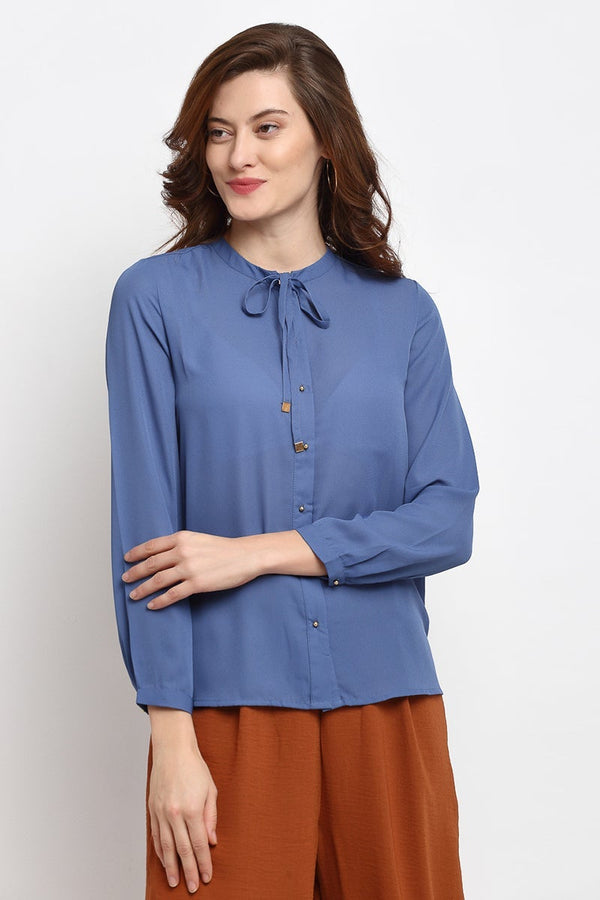 gipsy Grey Blue Medium Length Tie-Up Neck Georgette Shirt Grey Blue