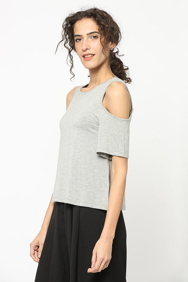 Gipsy Grey Medium Length Round Neck Cotton Blouse Grey