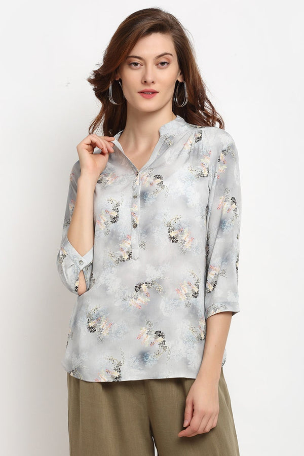 gipsy Grey Medium Length V-Neck Rayon Crepe Tunic Grey