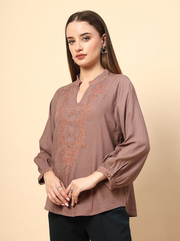 Gipsy Khaki Rayon Tunic With Embroidery Embellished Front