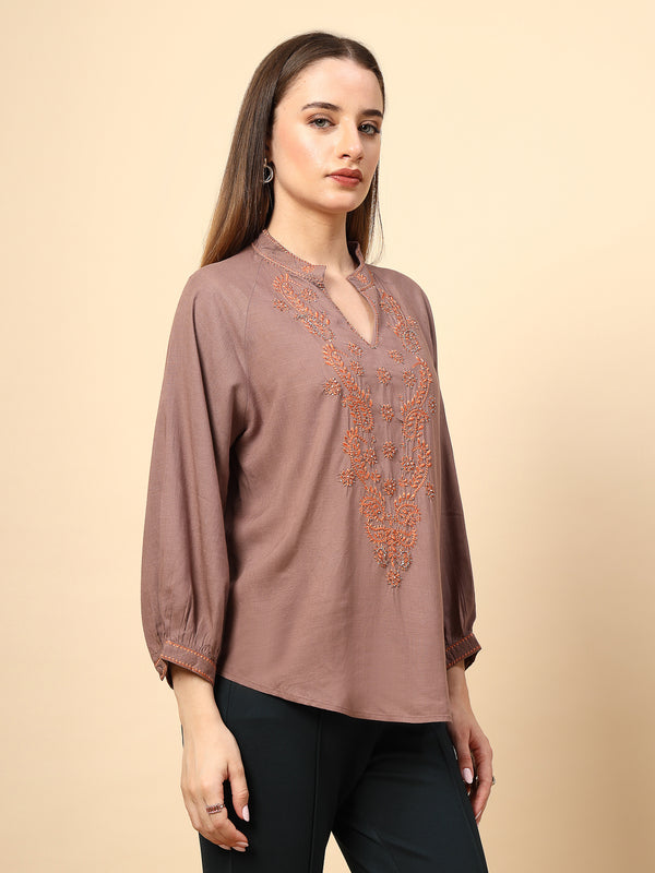 Gipsy Khaki Rayon Tunic With Embroidery Embellished Front