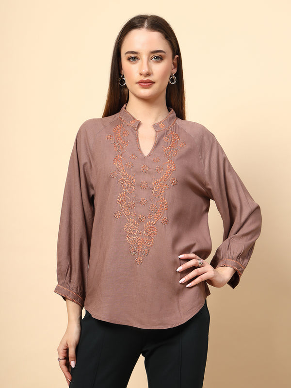 gipsy Khaki Rayon Tunic with Embroidery Embellished Front