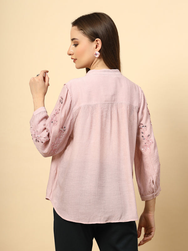 Gipsy Light Pink Wrinkled Georgette Tunic With Embroidery