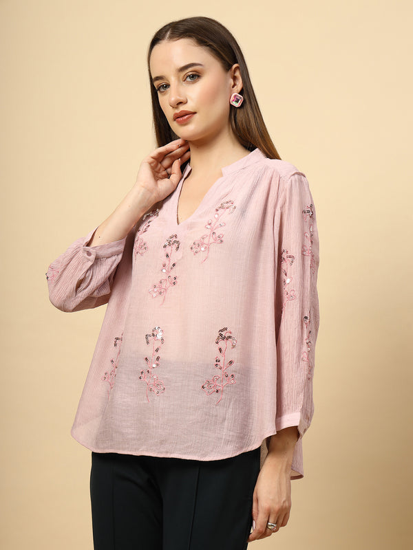 Gipsy Light Pink Wrinkled Georgette Tunic With Embroidery