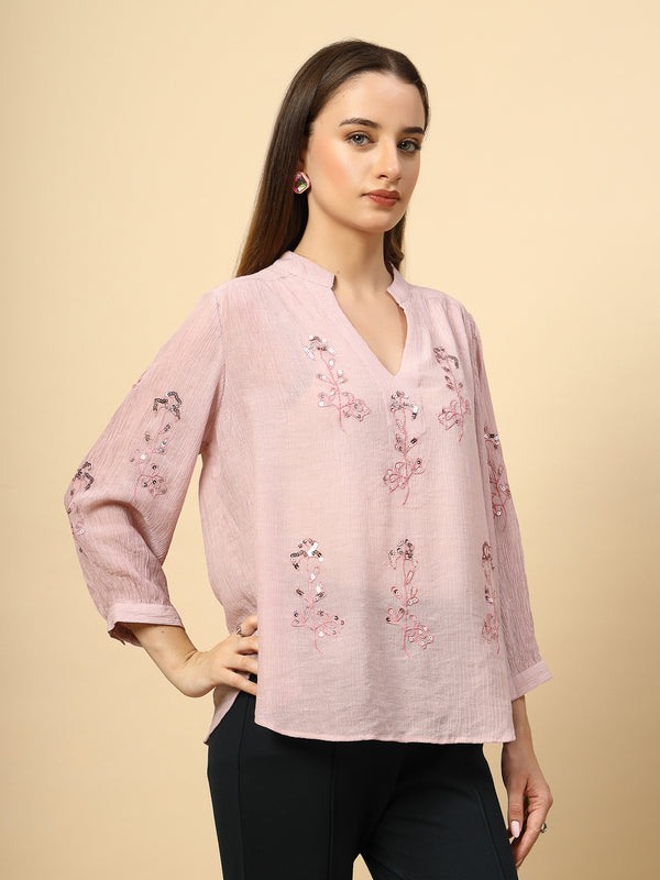 Gipsy Light Pink Wrinkled Georgette Tunic With Embroidery