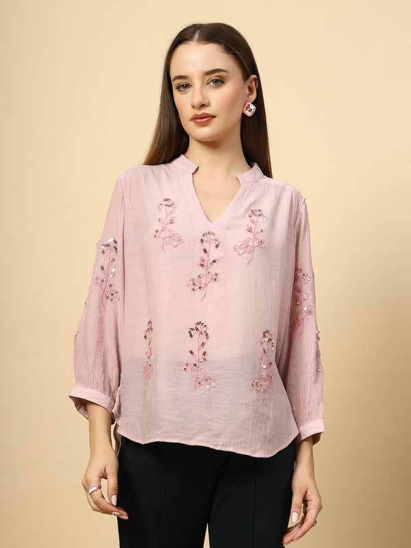 gipsy Light Pink Wrinkled Georgette Tunic with Embroidery