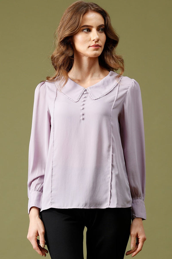 gipsy Lilac Medium Length Peter Pan Collar Polyester Top Lilac