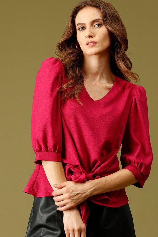 gipsy Magenta Medium Length V-Neck Polyester Top Magenta