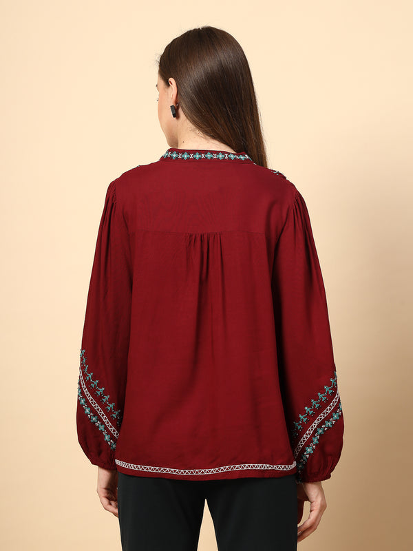 Gipsy Maroon Rayon Tunic With Embroidey And Embellished Front