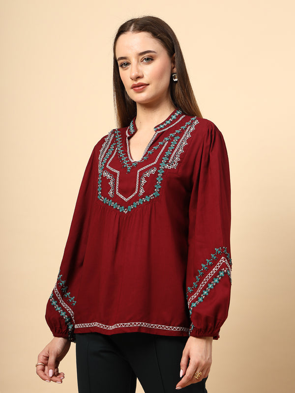 Gipsy Maroon Rayon Tunic With Embroidey And Embellished Front