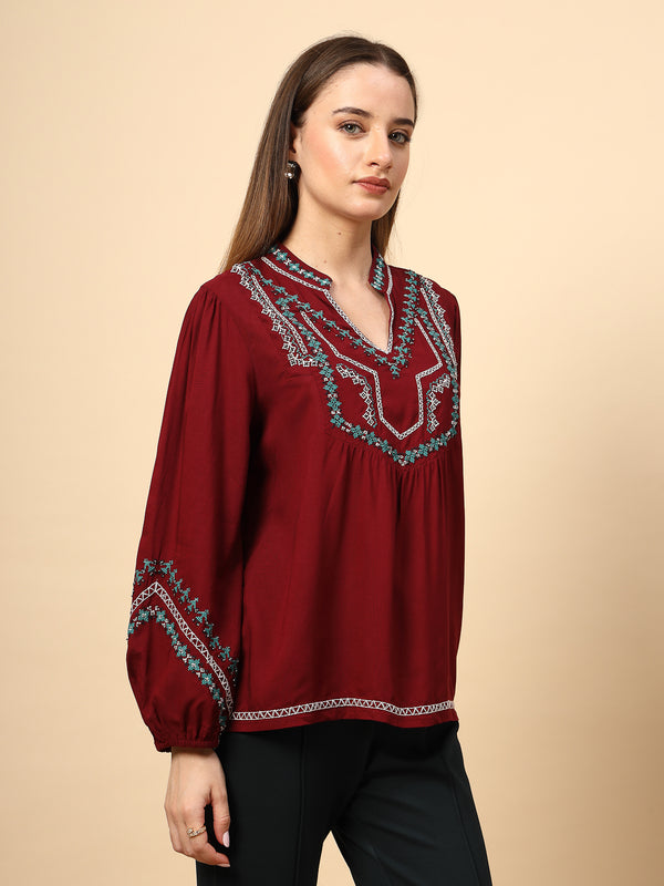Gipsy Maroon Rayon Tunic With Embroidey And Embellished Front