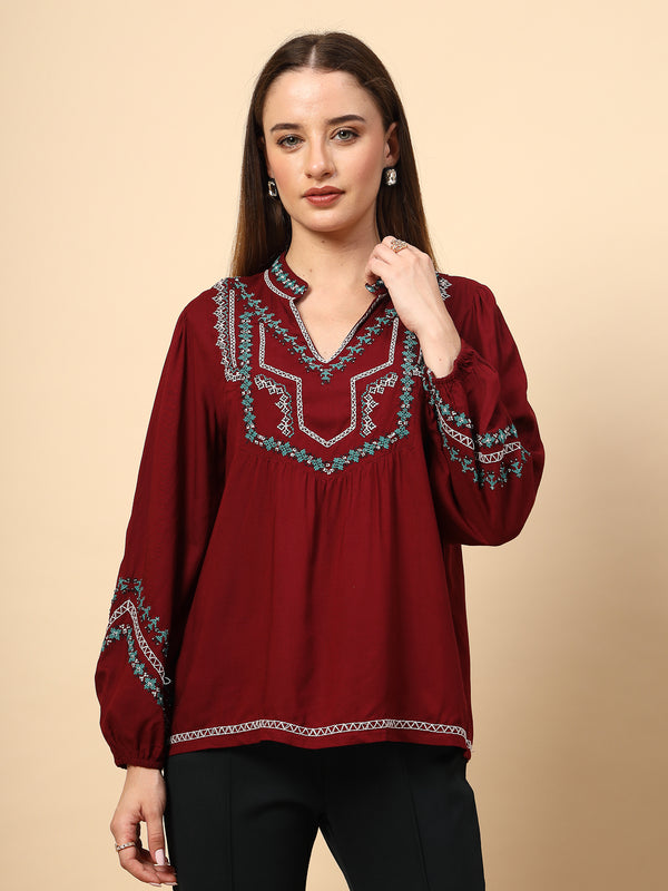 gipsy Maroon Rayon Tunic with Embroidey And Embellished Front