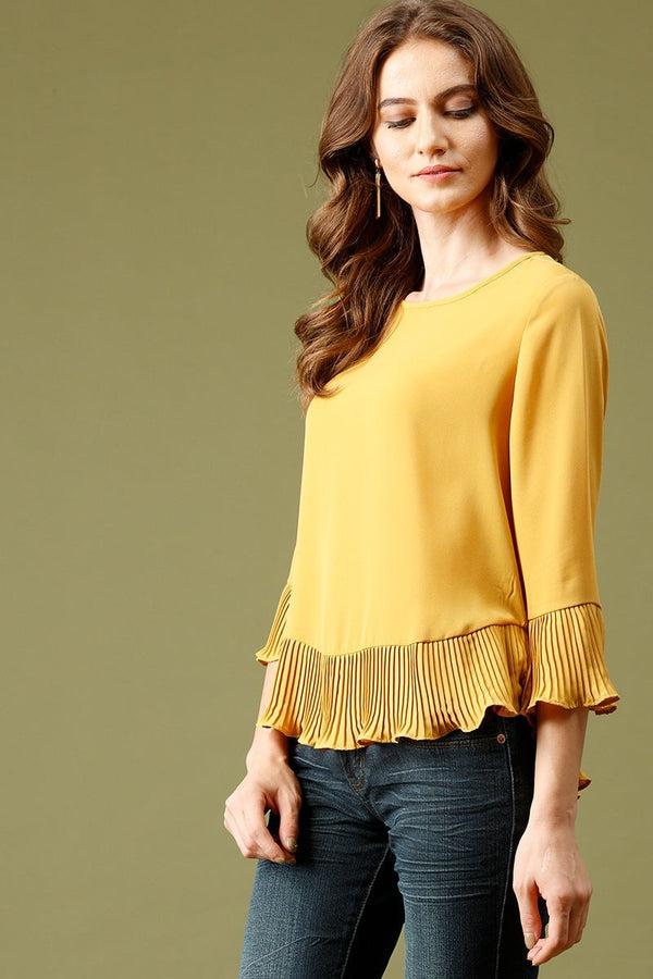 Gipsy Mustard Medium Length Round Neck Polyester Top Mustard
