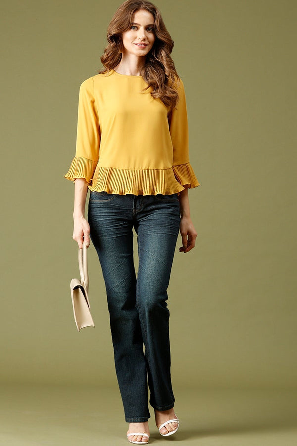 Gipsy Mustard Medium Length Round Neck Polyester Top Mustard