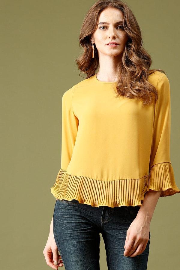 gipsy Mustard Medium Length Round Neck Polyester Top Mustard