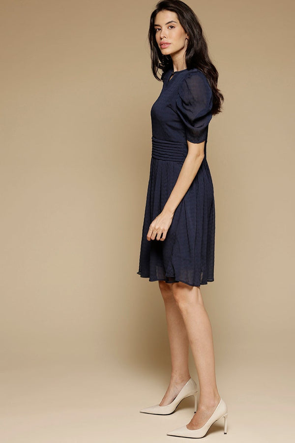 Gipsy Navy Blue Above Knee Length KeyHole Neck Polyester Chiffon Dress Navy