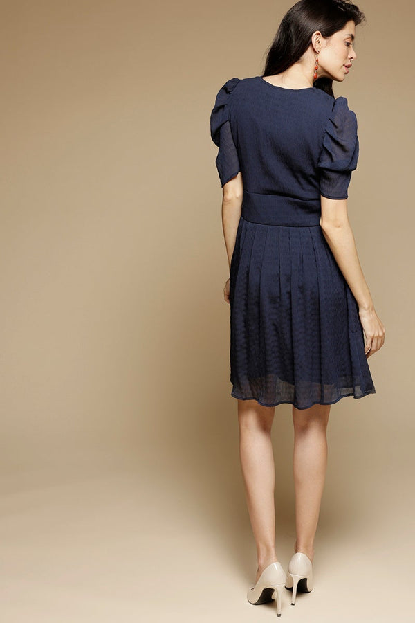 Gipsy Navy Blue Above Knee Length KeyHole Neck Polyester Chiffon Dress Navy